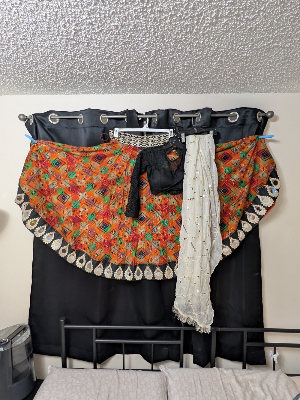 Vibrant Orange Embroidered Women's Skirt with Ivory Dupatta and Black Blouse